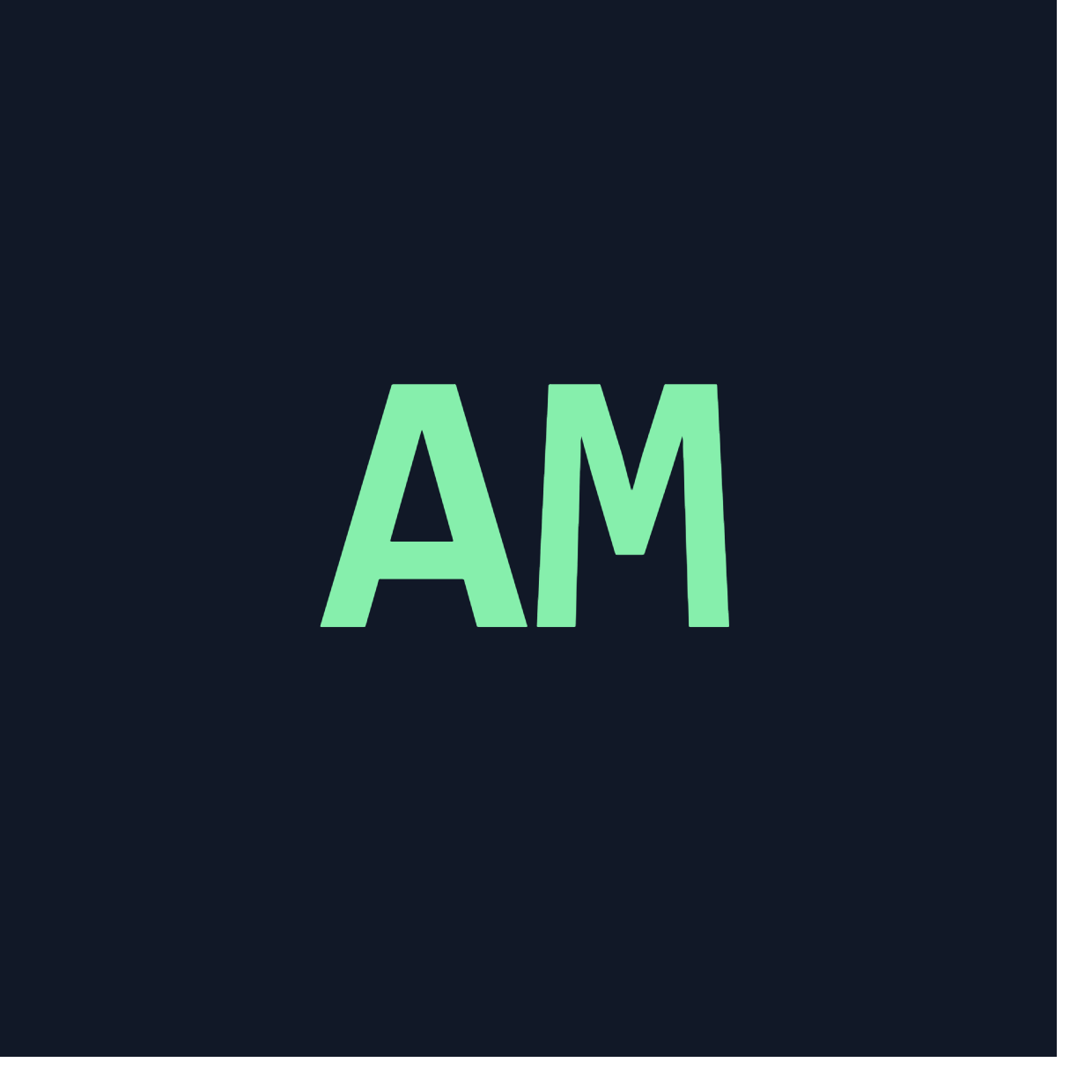 Minimalist logo with bold mint-green letters 'AM' on a dark navy background.